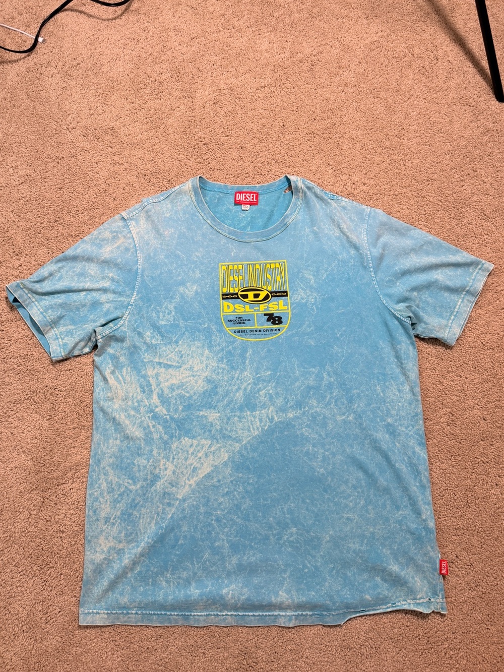 Diesel Light Blue Mineral-Wash Graphic Tee with Yellow Logo